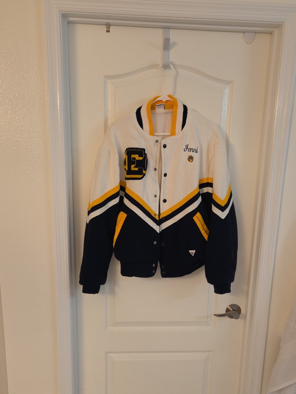 White, Navy & Yellow Varsity-Style Puffer Jacket